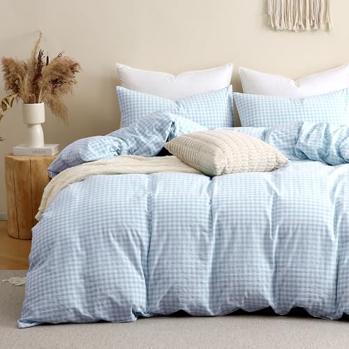 Image of TOCOMOA Sky Blue Gingham Duvet Cover Bedding Set 100% Washed Cotton Like Linen Feel Super Soft Comfy 3 Piece Vintage Plaid Checkered Comforter Cover Set (Queen 90 inchx90 inch, Comforter Not Included)