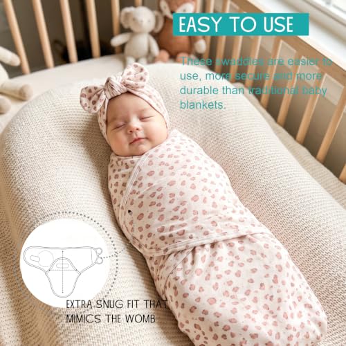 Image of DRESHOW BQUBO 3 Pack Newborn Baby Swaddle Blanket with Hats Infant Adjustable Velcro Swaddling Wraps with Bear Ears Cap for 6-12 Lbs Newborns & 0-3 Months Girls Boys