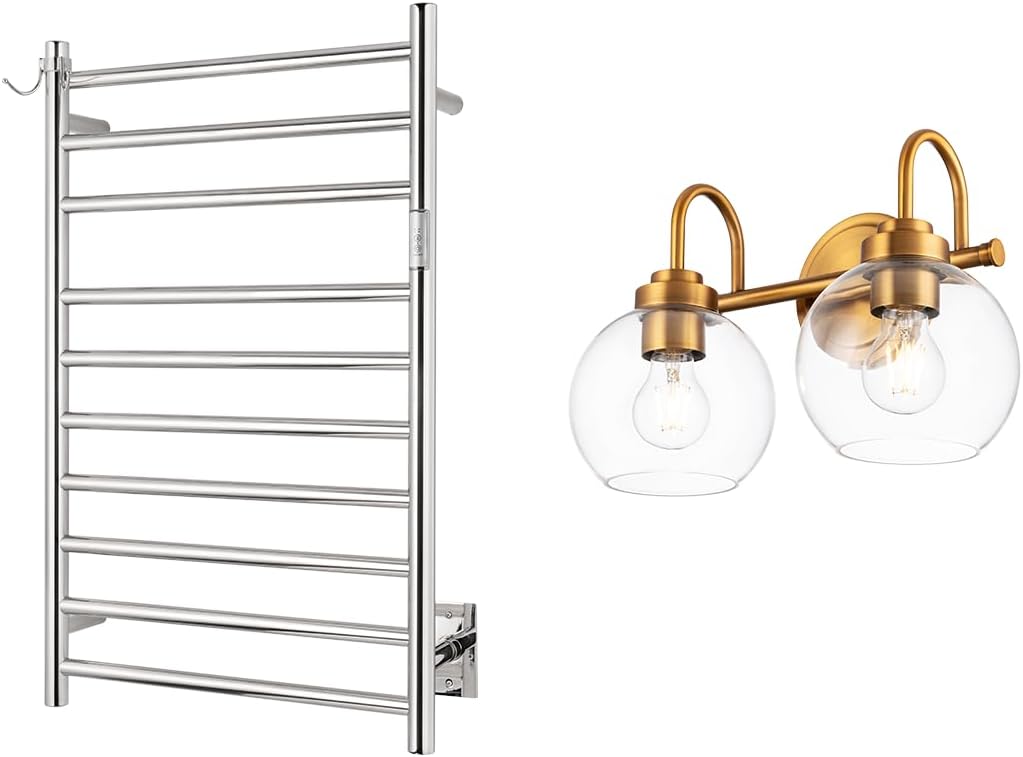 Wall Mounted Towel Warmer 10 Bars with Plugin and Hardwired Options 3 Working Modes Mirror Polished Stainless Steel and 2 Light Gold Vanity Lights Bathroom Light Fixtures with Globe Clear Glass