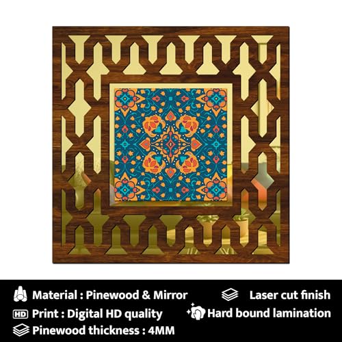 Image of Wooden Turkish Pattern Mirror Wall Decor Panel for Home Decor Living Room Bed Room Office (AD6, 12X12 Inches, Set of 2)
