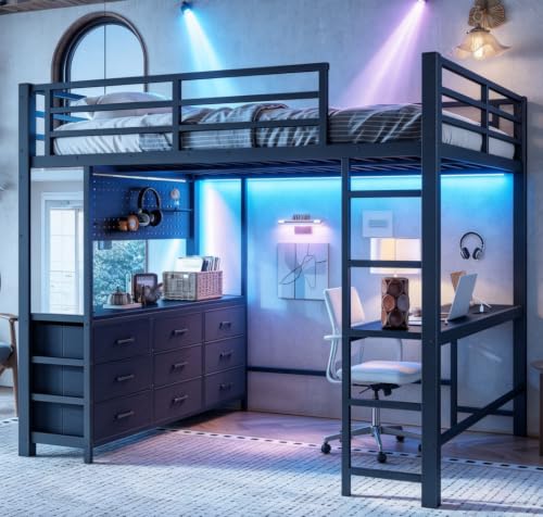 Image of Bellemave Metal Full Loft Bed Frame with Desk, Storage Drawers,USB,Mirror for Adults, Kids, Teens, Black