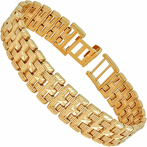 LIFETIME JEWELRY 18mm Wide Brick Bracelet for Men and Teen 24k Real Gold Plated