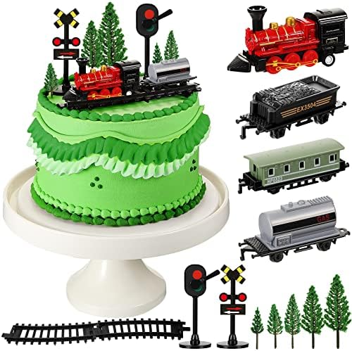 13 Pieces Train Cake Toppers Train Cake Decorations Train Birthday Party Supplies Mini Train Toy Set Train Track Traffic Lights Cake Topper for Birthday Railway Steam Train Theme Party (Cute Style)