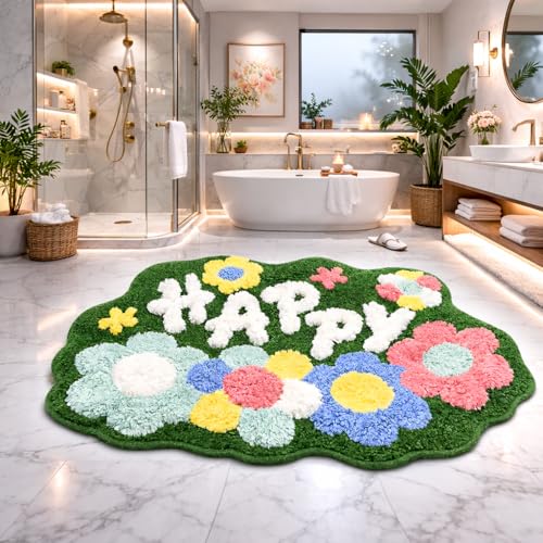 Image of Happy Bath Mat Super Soft Shaggy Kids Bathroom Rug, Anti-Skid, Absorbent, Cute Cartoon Fruit Design, Non-Slip Floor Mat (60 x 40 Cm) (Happy Flower Mat)
