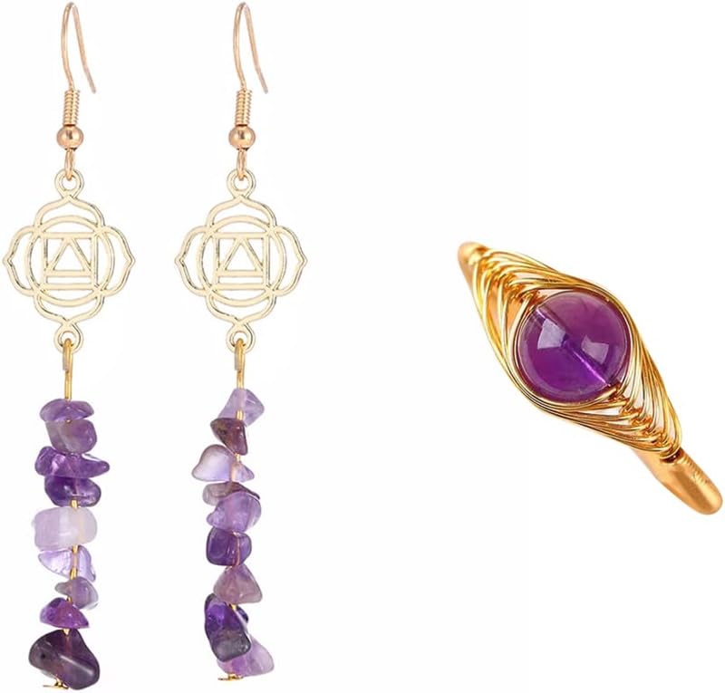 Healing Crystal Natural Energy Crystal Amethyst Crushed Stone Pendant Earrings and Amethyst Round Crystal Hand Woven Open Ring for Reiki Meidiation Healing