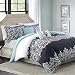 5pc Adorable Teen Girl Black Teal Damask Full Queen Comforter Set