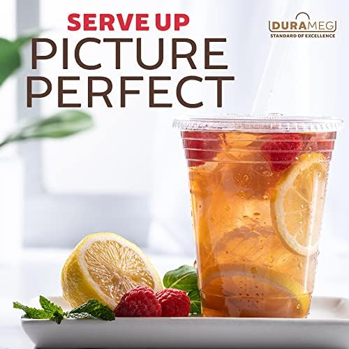 Durameg [100 Count - 16 oz.] Crystal Clear PET Plastic Disposable Cups with [No-Slot Flat Lids]