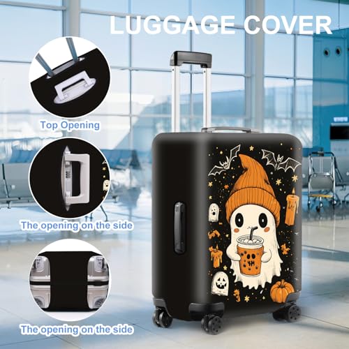 Cute Ghost Halloween Luggage Cover – Bubble Tea Suitcase Protector with Pumpkin & Bat Design – Stretchable Travel Cover for 28-30 Inch Luggage, L3
