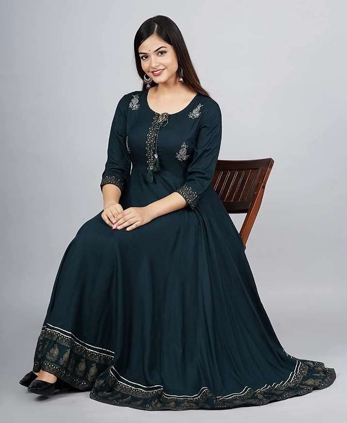Image of Women's Rayon Golden Flroal Printed Anarkali Kurti