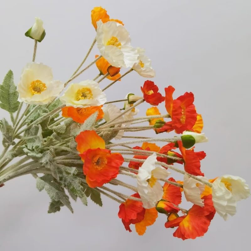 9Pcs Poppy Flowers Artificial,Poppy Silk Flowers with Stems,Ranunculus Artificial Flowers,Faux Flower Stems for Wedding Party Outdoor Indoor Decor Flower Arrangements for Table (Orange White) - Image 9