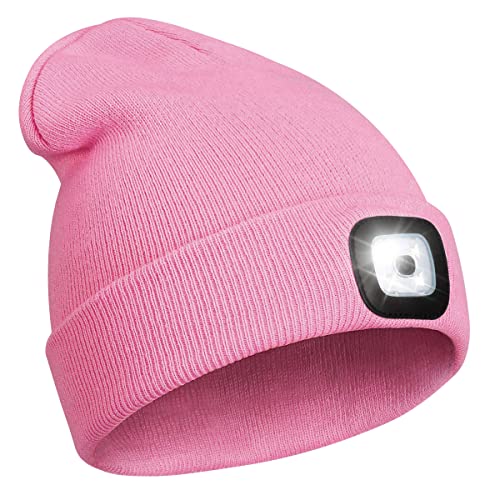 PRAVETTE Unisex Beanie Hat with The Light Gifts for Women Men Dad Father USB Rechargeable Hand-Free 4 LED Headlamp Cap D-Pink