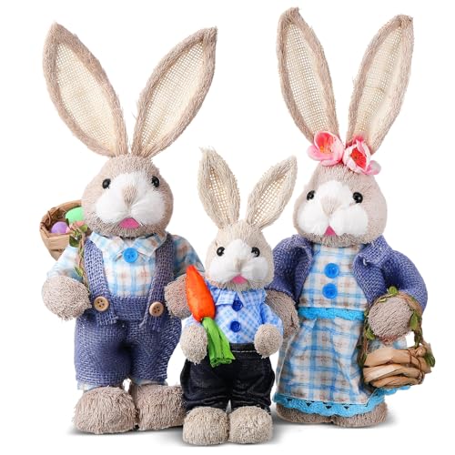 Wesiti Juego de 3 decoraciones de conejo de paja de Pascua de 13.8 pulgadas y 9.8 pulgadas, hechas a mano con zanahoria, conejos de Pascua, estatuas de mesa para oficina, cocina, granja, primavera,