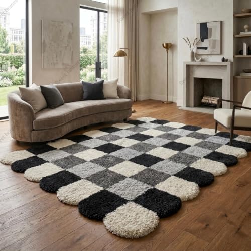Image of SWEET HOMES Luxury Abstract Shag Rug, Thick Soft Square Area Carpet for Living Room, Bedroom, 4 x 4 Feet (122 x 122 cm), Grey & Ivory