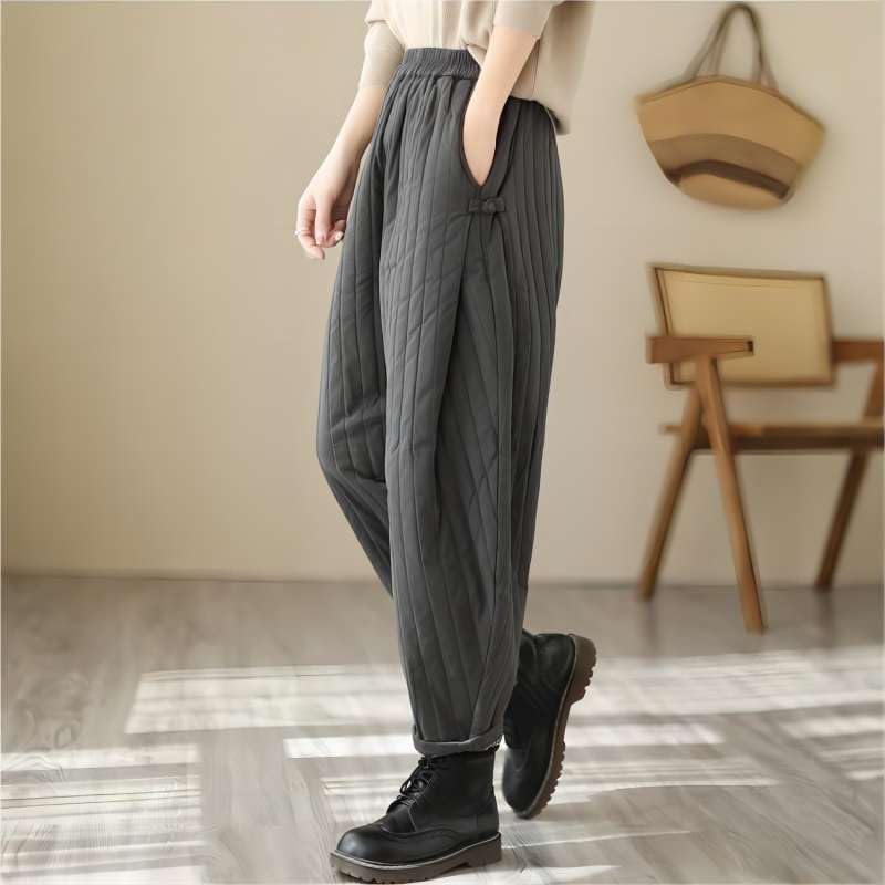 Women Winter Warm Down Cotton Pants Thicker Padded Quilted Pants Relaxed Fit Wide Leg Trousers with Pockets Grey3