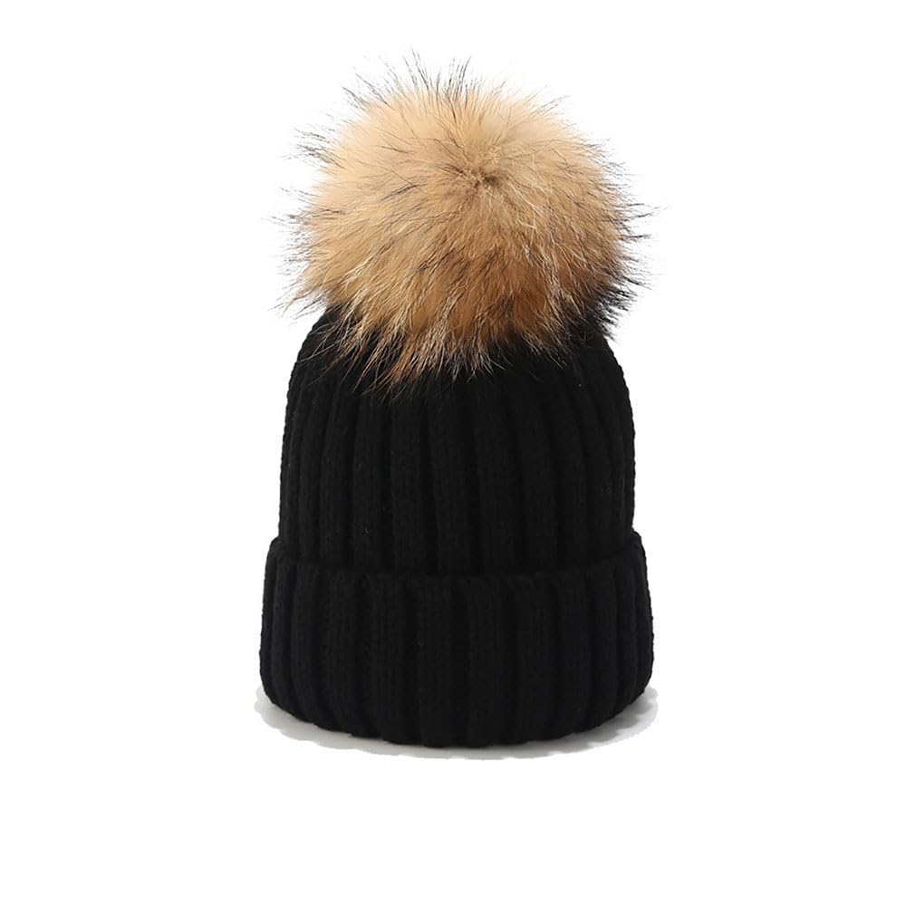 Van Der Linn Adult Kids Knitted Winter Warm Beanie Fur Bobble Woolly Pom Pom Hat (Adults, Black)