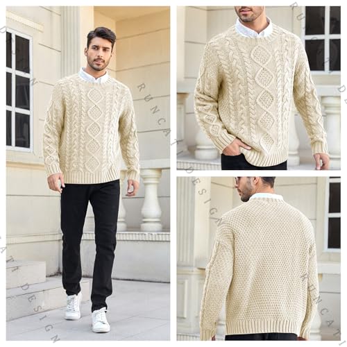 Runcati Strickpullover Herren Grobstrick Zopfmuster Pullover Herbst Winter Rundhals Pulli Sweater, Beige, M