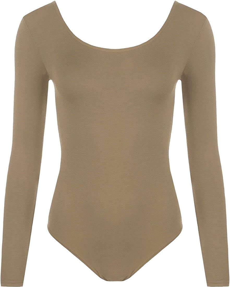 FAIRY TRENDZ LTD Women Stretch Bodysuit Long Sleeve Top Girls Plain Scoop Neck Leotard Body Top T Shirt