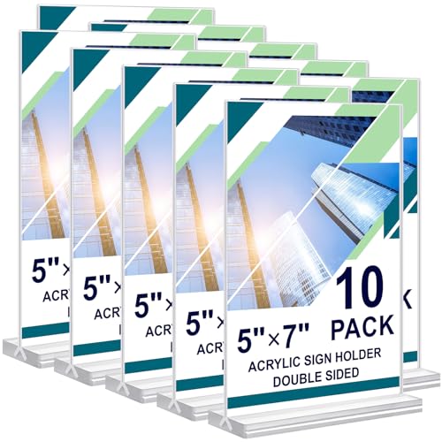 DunGu Acrylic Sign Holder 5x7, 10 Pack Clear Double Sided Table Menu Vertical Display Stand Desktop Display Stand Paper Holder Table Sign Suitable for Restaurants Office Store Show Fair