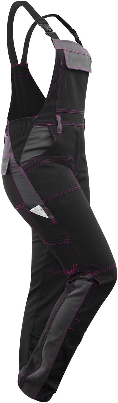 strongAnt® - Ladies Stretch Bib and Brace Overalls Berlin, Workwear for Women. Trousers Complete with kneepads Pockets. Combed Cotton - Black/Grey/Pink Seam - Made in EU