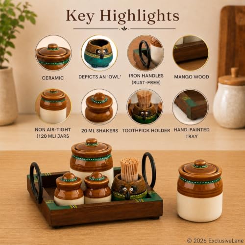 Image of ExclusiveLane 'Old Martaban' Ceramic Pickle Jars for Dining Table with Salt & Pepper Shaker & Tray & Toothpick Holder (Non Air-Tight, Jars & Salt Pepper Shaker : 120 & 20 gram) | Jar for Pickle Jar
