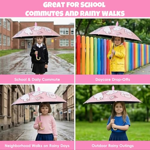 Image of PALAY Kids Unicorn Anime Girl Umbrella with Whistle Handle, 88cm Diameter Cartoon Pink Rain Umbrella for Ages 5-8 Water-Resistant Polyester Canopy, Safe Non-Slip J-Hook Handle Kids Rain Gear