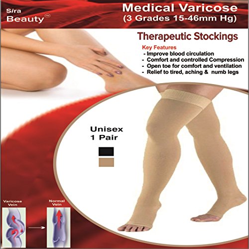 Image of Sira Medical Antiskid Varicose Veins Graduate Calibrated Compression Socks, Stocking Improve Blood Circulation, Varicose Vein, Swollen, Aching Legs, Pain Relief, Edema, Sore Legs, Compression Sleeve with Anti Slip, Grade-I, Unisex, (Beige L)