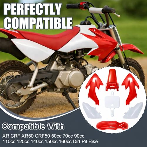 Image of Podoy CRF50 Body Fender Kit for Compatible with XR50 XR 50 CRF 50 SDG SSR Pit Dirt Motor Trail Bike Black with Bolt Work Fairing Plastic (Red)