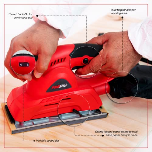 Promaker 1/2 Palm Sander, 2.5 Amp, Sander Tool With 6 Variable Speed, 12000 Opm, Include 1 Pcs Sandpaper, And Dust Bag, Hand Palm Sander For Woodworking With Pro-Lo300 #TOP3