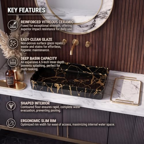 Image of Marble Ceramic Tabletop Wash basin | Countertop Vessel Sink | Wash Basin over counter For Bathroom Hotel Home | Bathroom Sink (24 x 14 x 5 Inch) (Black Gold Jelly)