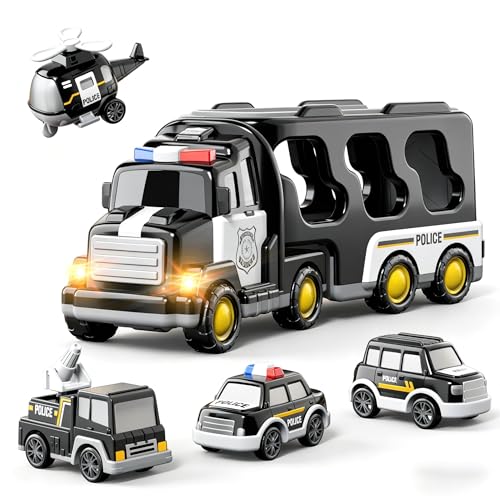 BLmukce Transporteur de Police Jouet pour garçons de 3 à 5 Ans, Camion de Transport de véhicules avec lumière et Son, idée Cadeau pour Enfants Filles et garçons de...