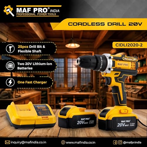Image of MAF PRO CIDLI2020-2 Cordless 20V 4.0Ah Li-Ion High Torque Power Drill with 10mm Keyless Chuck, Variable Speed, LED Light & 2 Batteries + Charger & Drill Bits