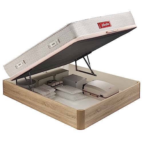 PIKOLIN Pack Colchón Viscoelástico Espuma HR + Canapé Base Abatible de Madera y Almohada de Visco | 150x190 | Natural | Montaje + Retirada Usado Incluido