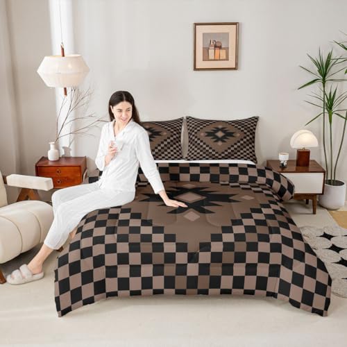 Image of Feelyou Aztec Comforter Set Full Size Brown Black Checkered Bedding Set for Kids Boys Girls Boho Western Decor Duvet Quilt Farmhouse Bedroom Decor Microfiber 3 Pcs with 2 Pillow Cases