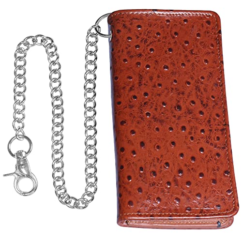 Image of CLASSIC Motorcycle Chain Wallet for Men - Premium Cowhide Leather, RFID Bi-Fold Biker Wallet with Heavy Duty Chain for Bikers Truckers & Hunters, Credit Card Money Organizer Long Wallet Ostrich Brown