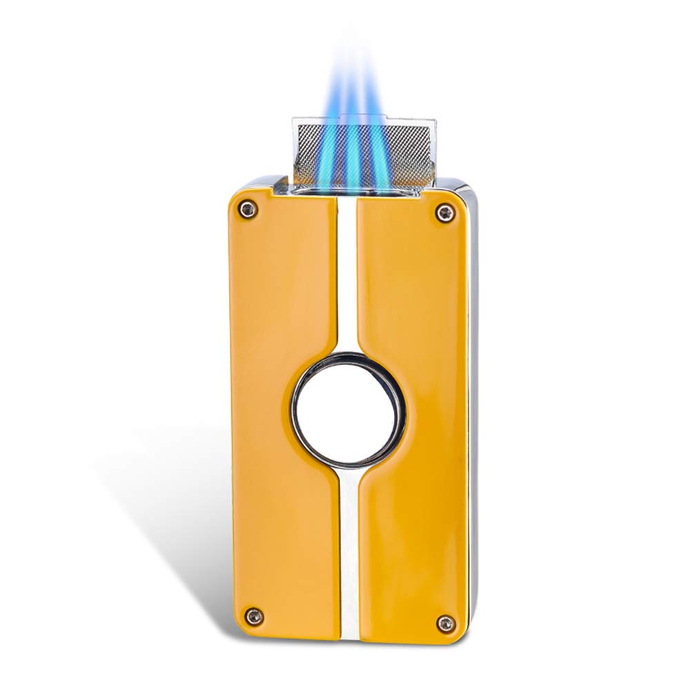 Windproof Cigar Torch Lighter Triple Torch Jet Blue Flame Refillable Butane Metal Cigarette Lighter with Punch (Yellow)
