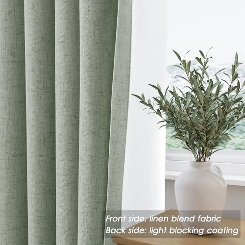 Image of Desert Sage 100% Blackout Linen Curtains 108 Inches Long for Bedroom Back Tab Thermal Insulated Modern Farmhouse Decor Black Out Curtain for Living Room Floor to Ceiling High Window 52x108, 2 Panels