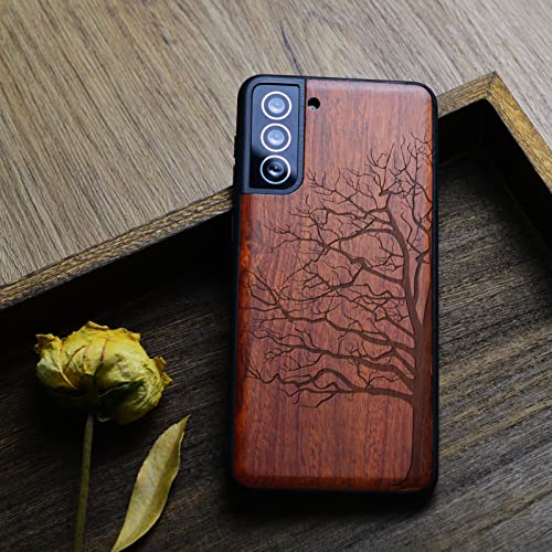 Carveit Wood Case For Galaxy S21 Case [Hard Real Wood & Soft Tpu] Shockproof Hybrid Protective Cover Unique & Classy Wooden Case Compatible With Samsung S21 5G (Eternal Tree Carving-Rosewood) #TOP3
