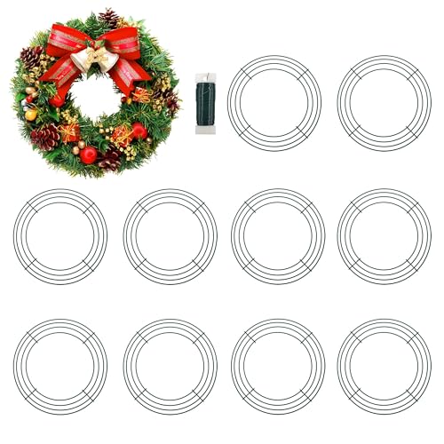 10 Inch Christmas Green Wire Wreath Frame,10 Pack Metal Front Door Wreath Round Form Iron Ring for Christmas, New Year Decors, Crafts, DIY, Holidays, Events