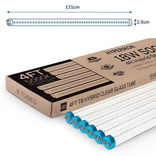 Hyperikon T8 T10 T12 LED Tube Light 4 Foot, 18W=40W, Dual & Single End Powered, Works with or Without Ballast, Clear Lens, UL, DLC, Crystal White, 6 Pack