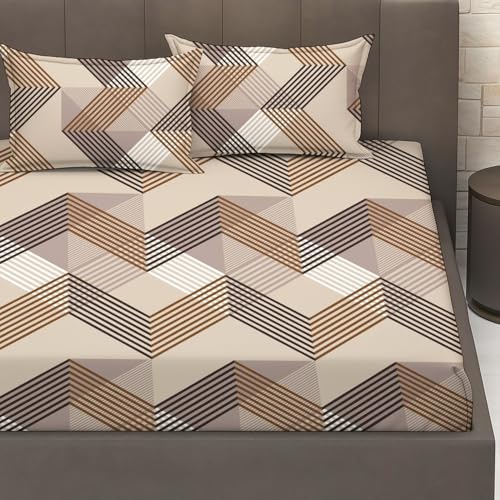 Image of IVAZA Ezyption Cotton Super Soft 240 TC Elastic Fitted All Around Elastic Printed King Size Double Bed Bedsheet with 2 Pillow Cover 72 inch X 78 inch Brown Zig Zag