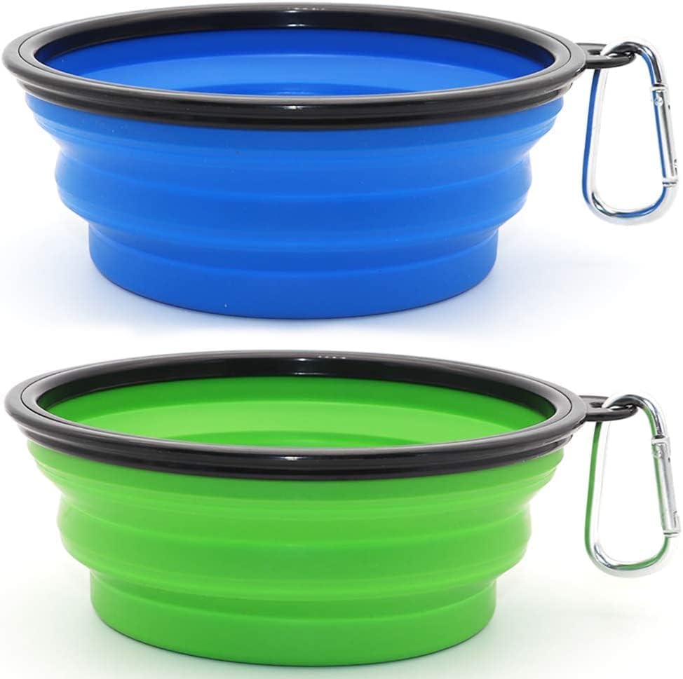 Image of SLSON Silicone Collapsible Dog Bowl,2 Pack Collapsible Dog Water Bowls for Cats Dogs,Portable Pet Feeding Watering Dish for Walking Parking Traveling with 2 Carabiners (Large,Large Blue+Green)