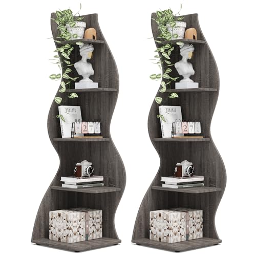 Image of Tribesigns Corner Shelf, Modern 5-Tier Wall Corner Bookshelf, Stylish Corner Small Bookcase Storage Rack Plant Stand with Unique Shape for Living Room, Home Office(Gray, 2PCS)