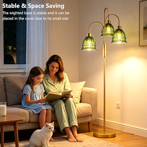 Image of 3-Light Glass Floor Lamp with Green Ribbed Glass Shades, 70 inch Gold Dimmable Tall Standing Lamp with 3PCS 3000K Warm White Bulbs, Modern Tree Pole Lamp for Living Room Bedroom Home Office Corner Decor