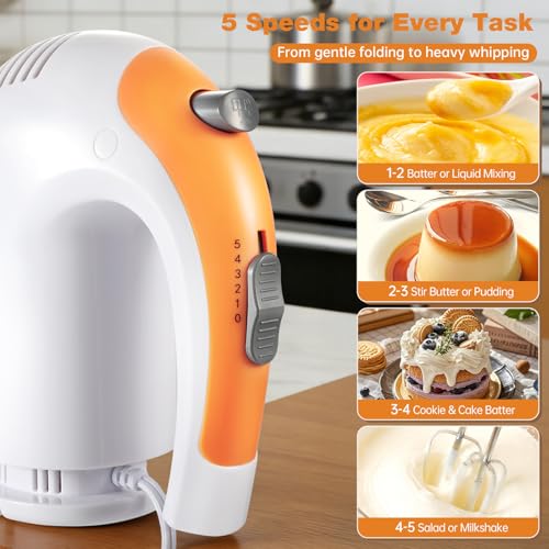 Image of 300W 5-Speed Electric Hand Mixer with 3 Thickened Nesting Mixing Bowls, Measuring Cups and Spoons, Complete Kitchen Cake Mixer with Paddle, Dough Hook and Whisk for Baking