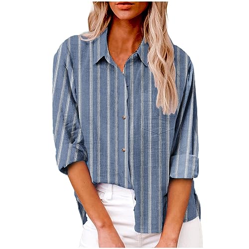 Chemise boutonnée en coton et lin pour femme 2023 – Chemise décontractée à manches longues de couleur unie – Haut de travail ample avec poches,...