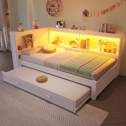 Rvjiahe Cama de día 90 x 200 cm, sofá cama, cama de día con cama nido, con enchufe, 1 puerto USB, 1 tipo C, equipado sin colchón, color blanco