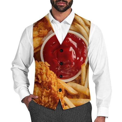 Food Chicken French Fries Novelty Men's Suit Vest Casual Formal Dress Vests Business Waistcoat