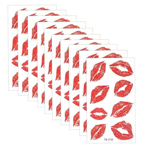 XLIUAX 10 Sheets/80pcs Kiss Tattoos Temporary Waterproof Kiss Tattoos Sexy Fake Red Lips Temporary Tattoo Stickers for Women Girls Party Favors Valentines Decorations