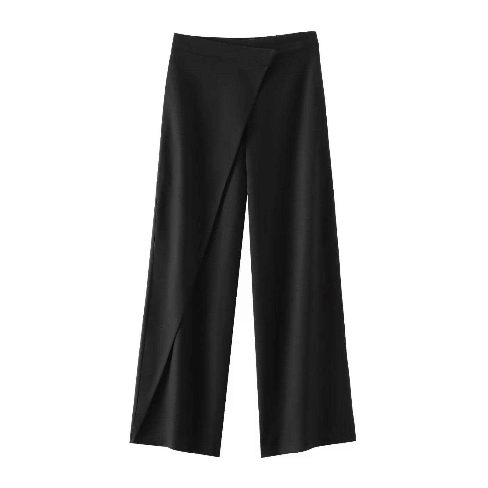 High Waist Wide Leg Trousers Black Side Pockets Asymmetrical Design Ladies Casual Pants US Alpha Small Regular Regular