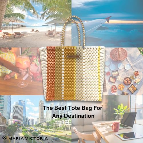 Image of MARIA VICTORIA Handwoven Plastic Mexican Tote Bag Large For Women, Waterproof, Lightweight, Multi-Color Design, Perfect for the Beach, Shopping, and Everyday Use, Cappuccino Large